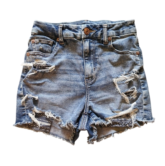 Women's AE Next Level Stretch Curvy Hi Rise Shortie Size 0 Distressed Shorts! - Picture 6 of 14